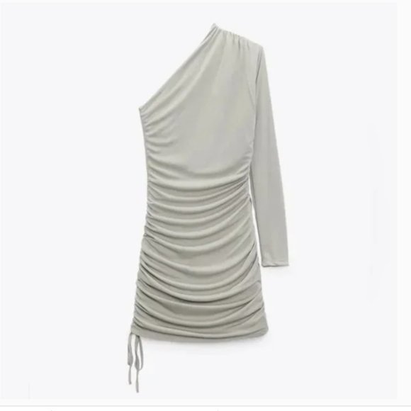 ZARA One Shoulder Asymmetrical Ruched Bodycon Stretch Fully Lined Dress - Picture 5 of 9